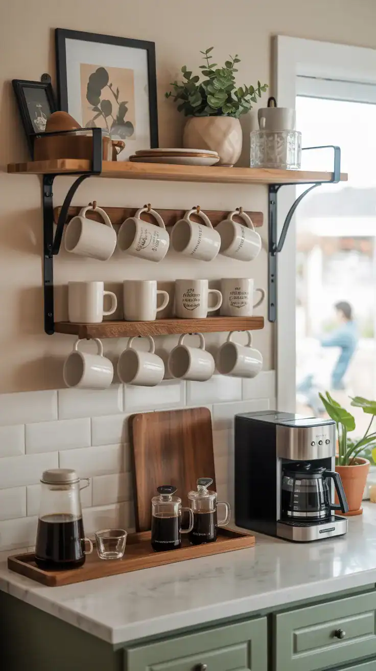 Coffee station with wall-mounted mug rack displaying ceramic coffee mugs alongside decorative shelves and coffee-making essentials.
