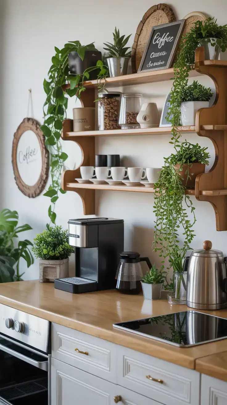 Bright coffee station decorated with small potted plants, trailing greenery, coffee accessories, and natural wood accents for a fresh look.