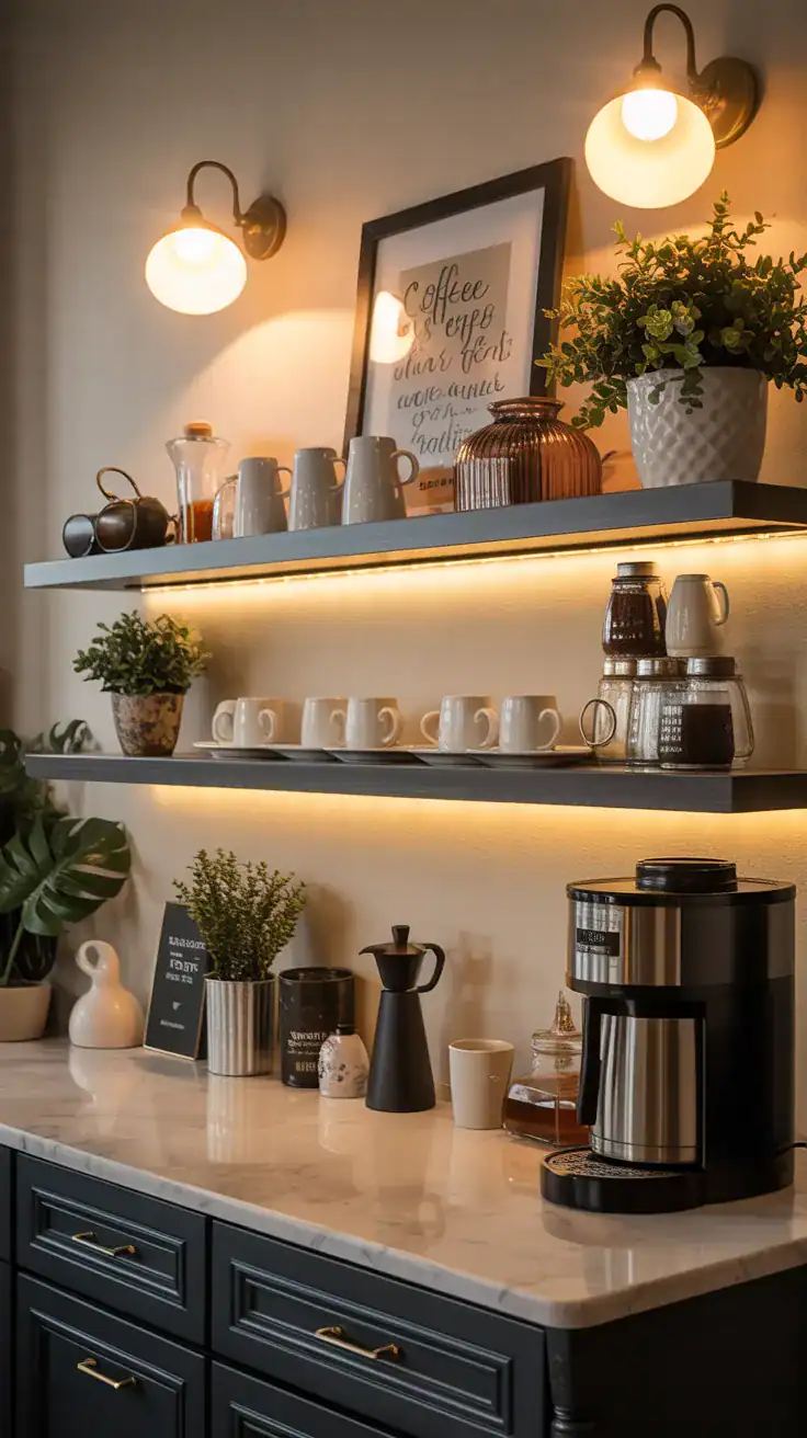 Coffee station illuminated by warm wall sconces and under-shelf lighting, highlighting mugs, coffee supplies, and decorative accessories.