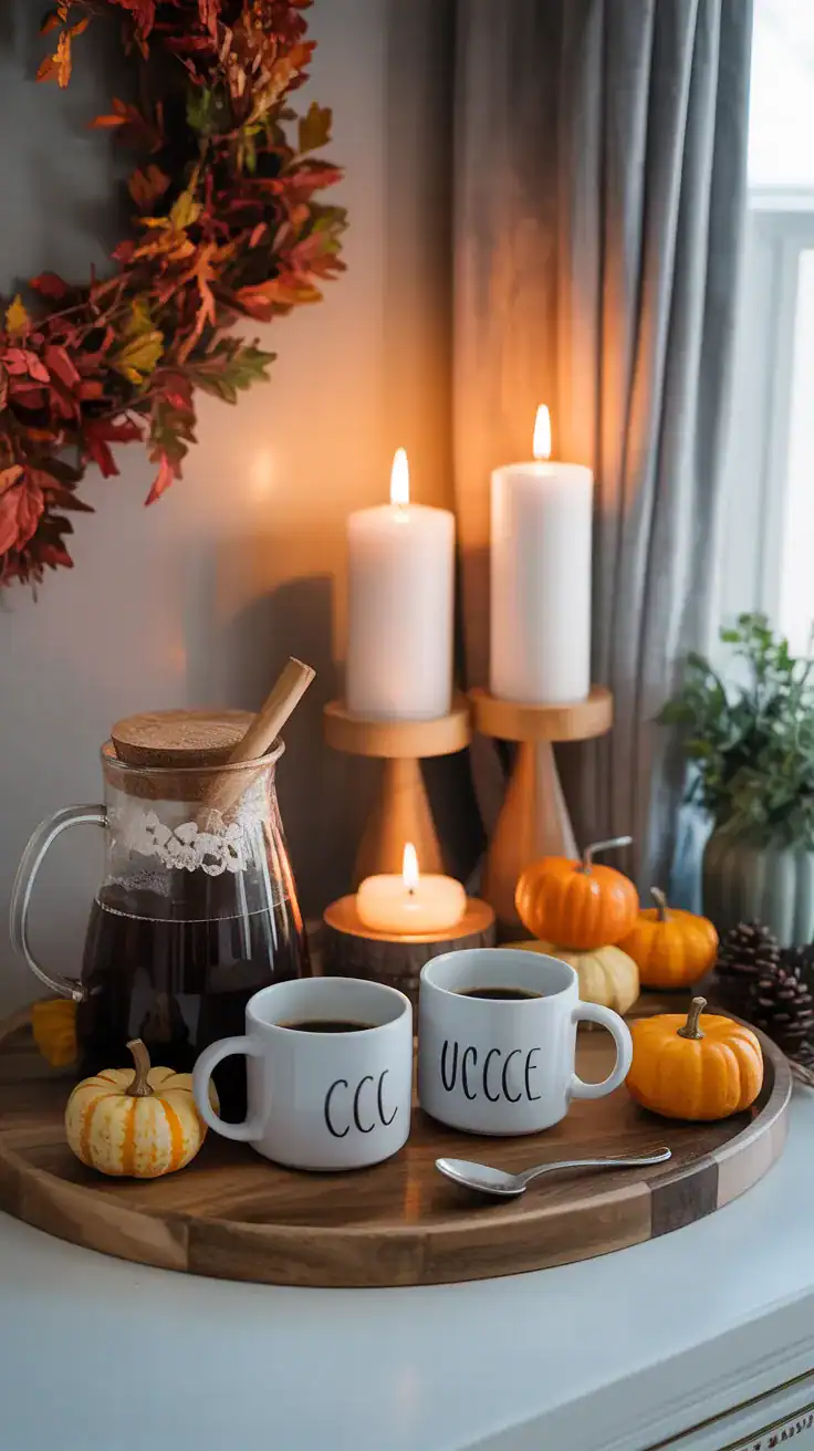 Seasonal coffee station decorated with autumn accents, candles, mini pumpkins, mugs, and cozy coffee bar styling.