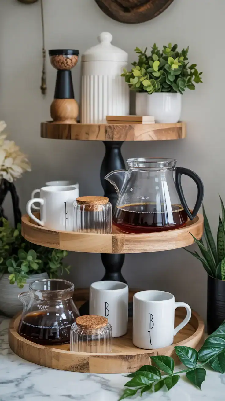 Coffee station styled with risers, stacked trays, coffee canisters, mugs, and decorative accessories arranged at varying heights.