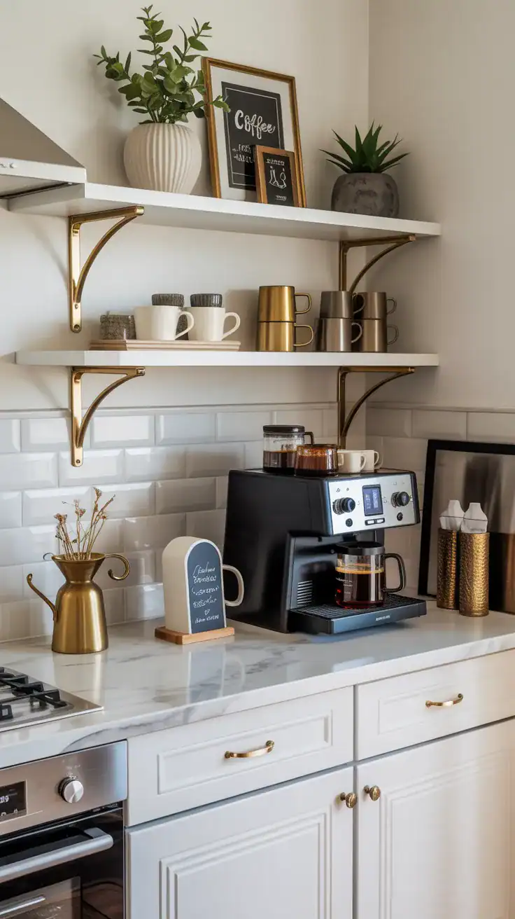 Coffee station with white cabinetry, brass shelf brackets, gold-toned hardware, decorative coffee accessories, stacked mugs, and warm metallic accents creating an elegant café-inspired corner.