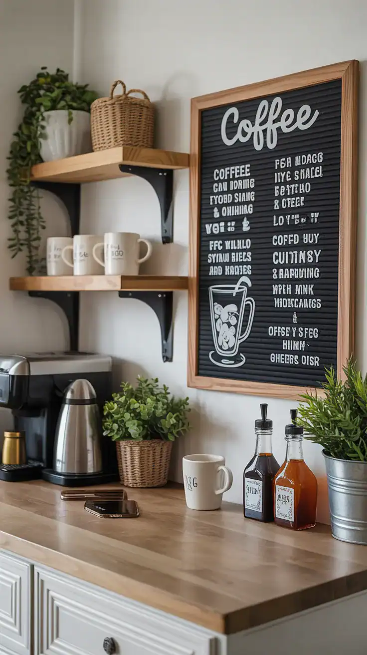 Cozy coffee station featuring a decorative recipe board with coffee drink ideas, floating shelves, mugs, syrup bottles, and charming coffee shop-inspired styling.