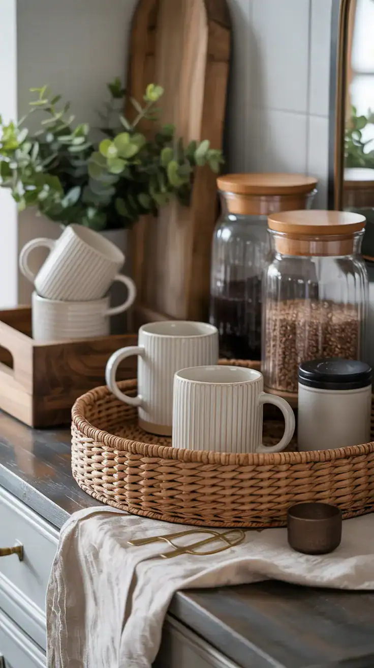 Layered coffee station styling with ceramic mugs, woven baskets, wood trays, glass storage jars, linen accents, and metallic details creating a warm designer look.