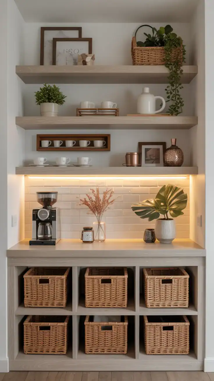 Built-in coffee nook with floating shelves, coffee machine, organized mug display, storage baskets, decorative accessories, and soft ambient lighting.
