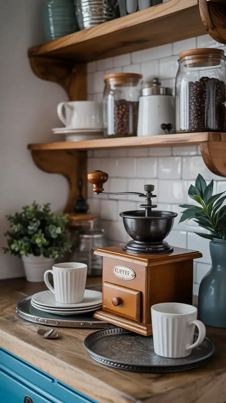Stylish coffee station centered around a vintage coffee grinder, layered with coffee mugs, decorative trays, storage jars, and curated kitchen accessories.