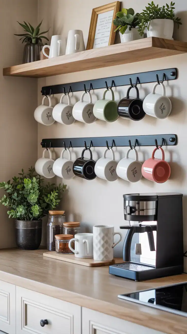 Chic coffee station wall with neatly arranged mugs hanging on matte black hooks above a stylish home coffee bar.
