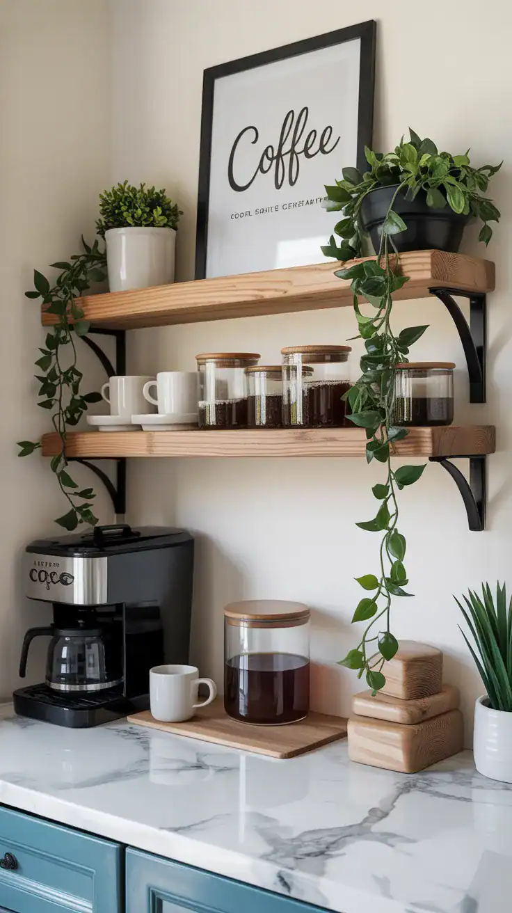 Coffee station wall with floating wood shelves, framed coffee artwork, glass canisters, mugs, and trailing greenery.