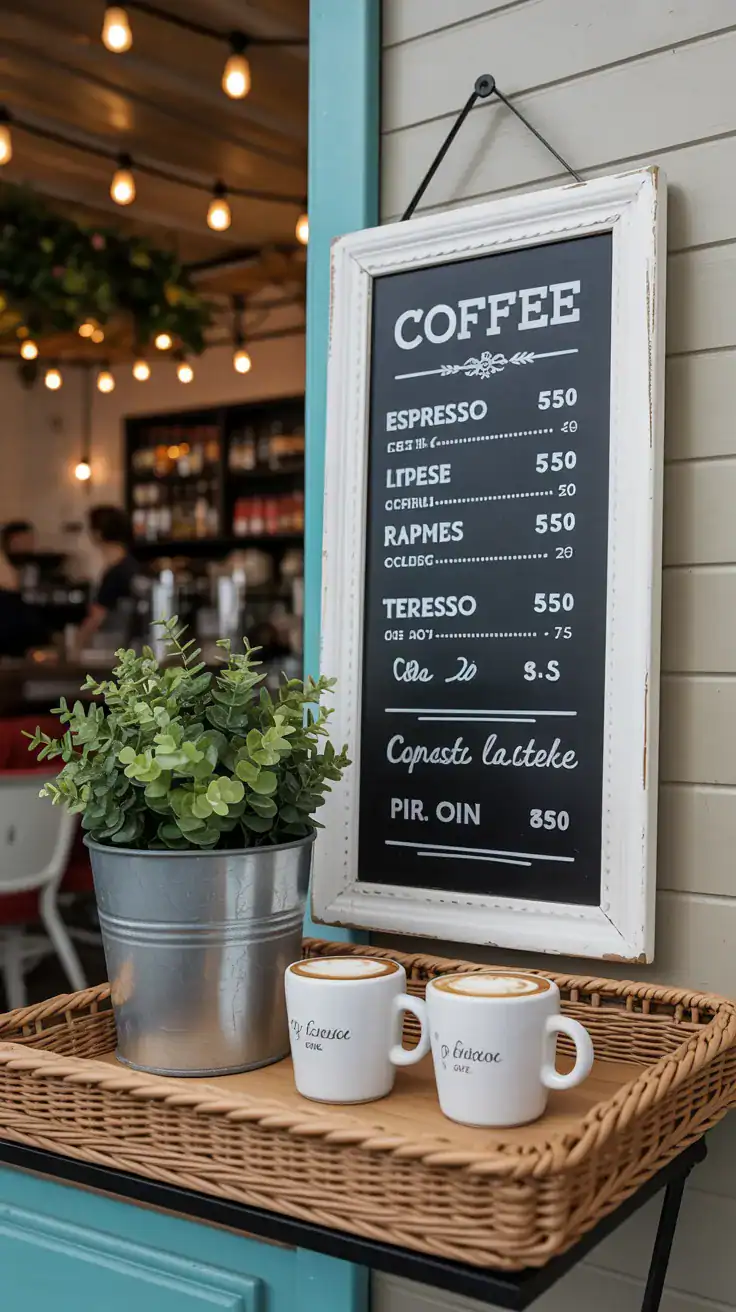Paris inspired coffee station featuring a framed blackboard menu, espresso drink listings, and cozy cafe style decor.