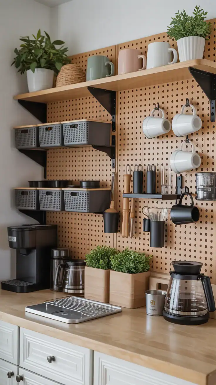 Organized coffee station pegboard wall with hanging mugs, coffee tools, shelves, storage bins, and brewing accessories.