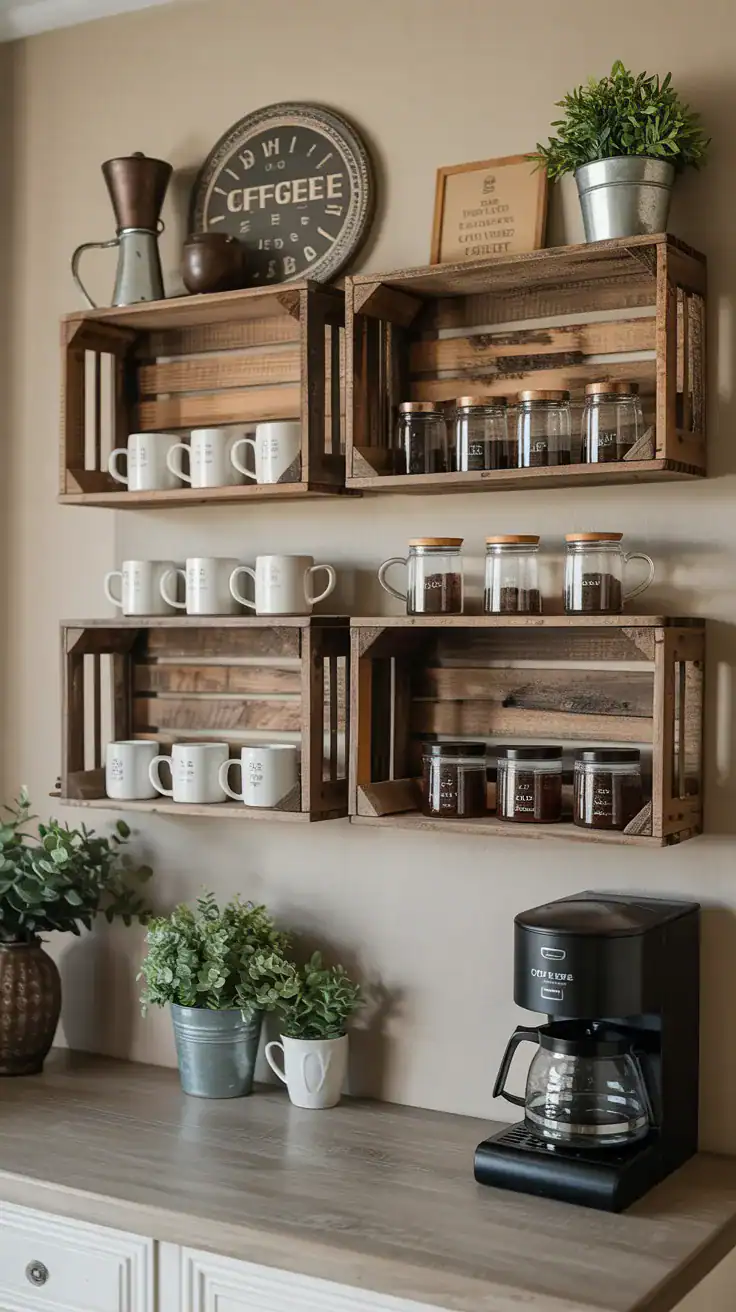 Rustic coffee bar wall with vintage wooden crate shelves displaying mugs, coffee jars, books, and decorative accents.