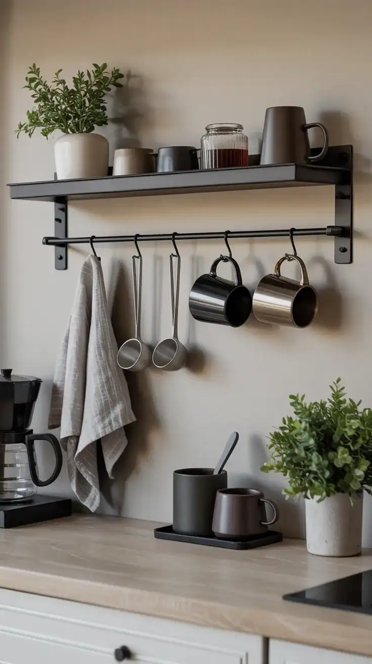 Minimalist coffee station wall featuring a slim metal rail, hanging mugs, coffee scoops, linen towel, and modern decor.