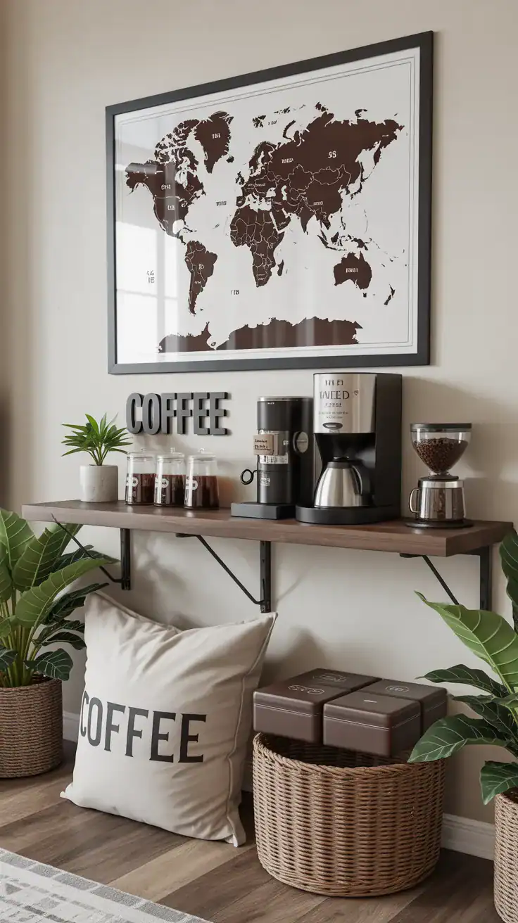 Coffee station decorated with a framed world map, coffee origin markers, bean bags, and floating display shelf.