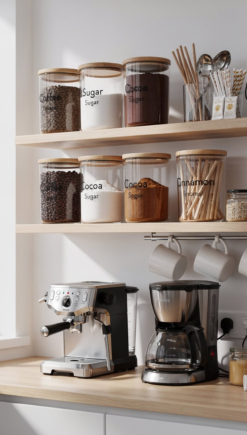 Coffee station storage wall with labeled glass canisters for coffee beans, sugar, cocoa, cinnamon, and drink accessories.