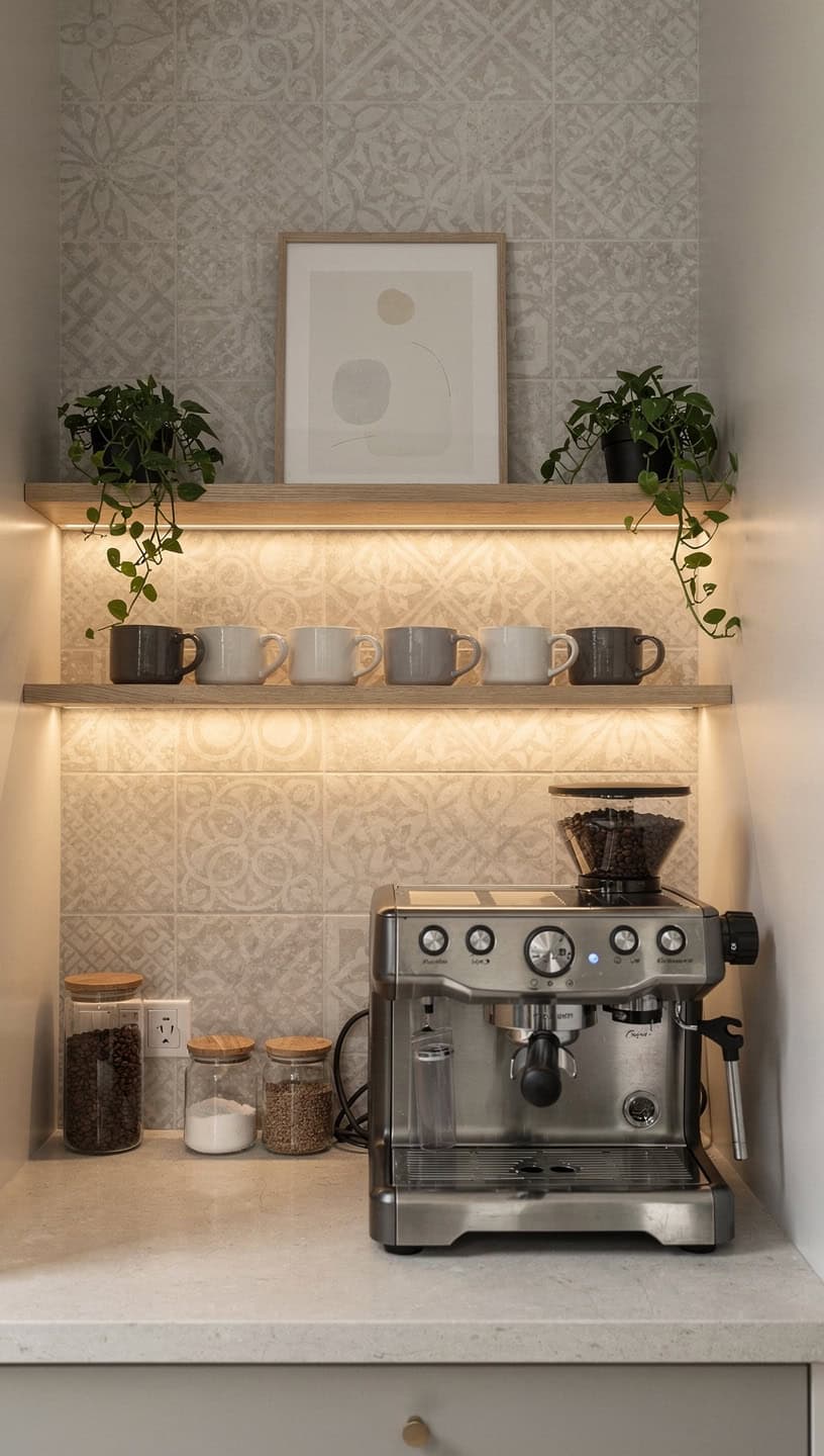 Stylish coffee bar with decorative tile backsplash, floating shelf, mugs, plants, and warm accent lighting.