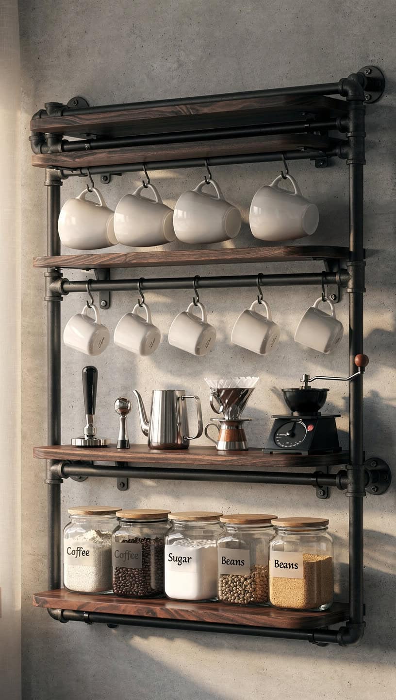 Industrial coffee station wall with black pipe shelving, stained wood shelves, hanging mugs, coffee tools, and storage jars.