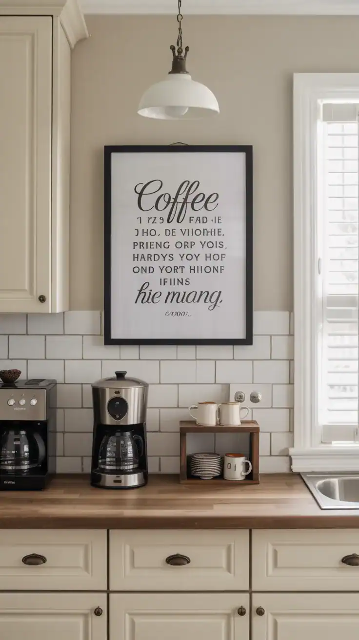 Chic framed coffee quote print above a home coffee station with neutral decor and matching kitchen hardware.