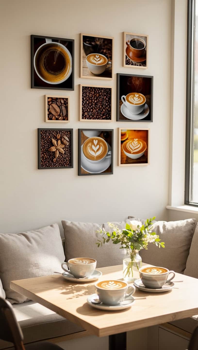 Mini gallery wall of coffee photography prints above a breakfast nook with espresso shots and latte art close ups.