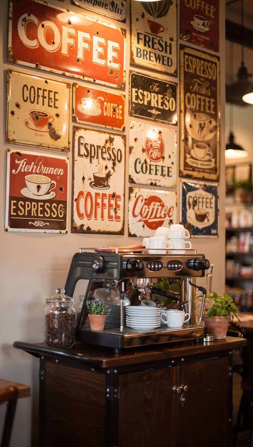 Retro coffee wall with vintage tin signs and enamel coffee advertisements above a small coffee cart.