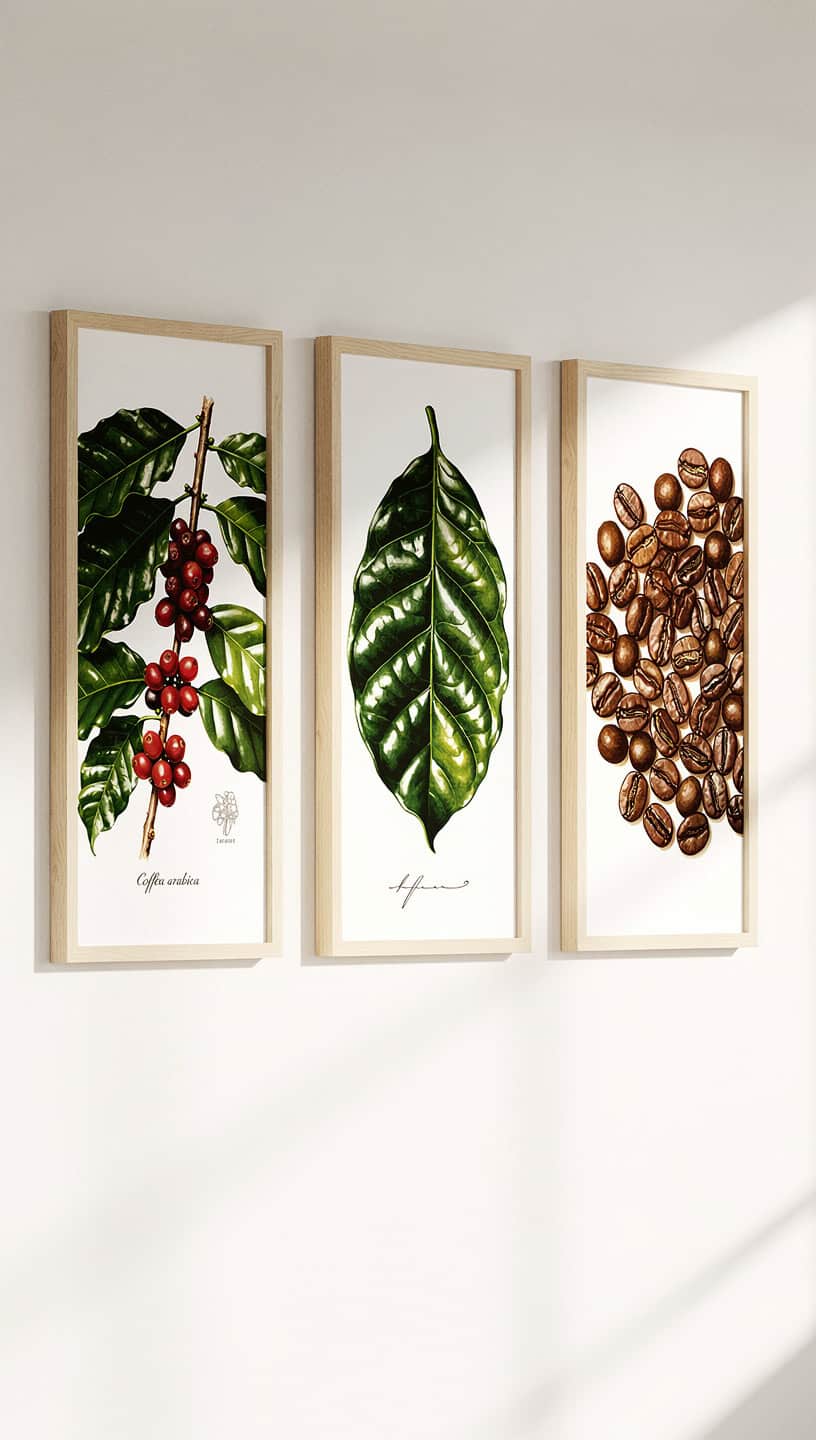Botanical coffee plant prints showing coffee cherries, leaves, and roasted beans in natural wood frames.
