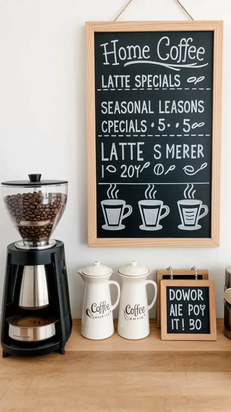 Home coffee station with a framed chalkboard menu showing seasonal latte specials and hand drawn coffee icons.