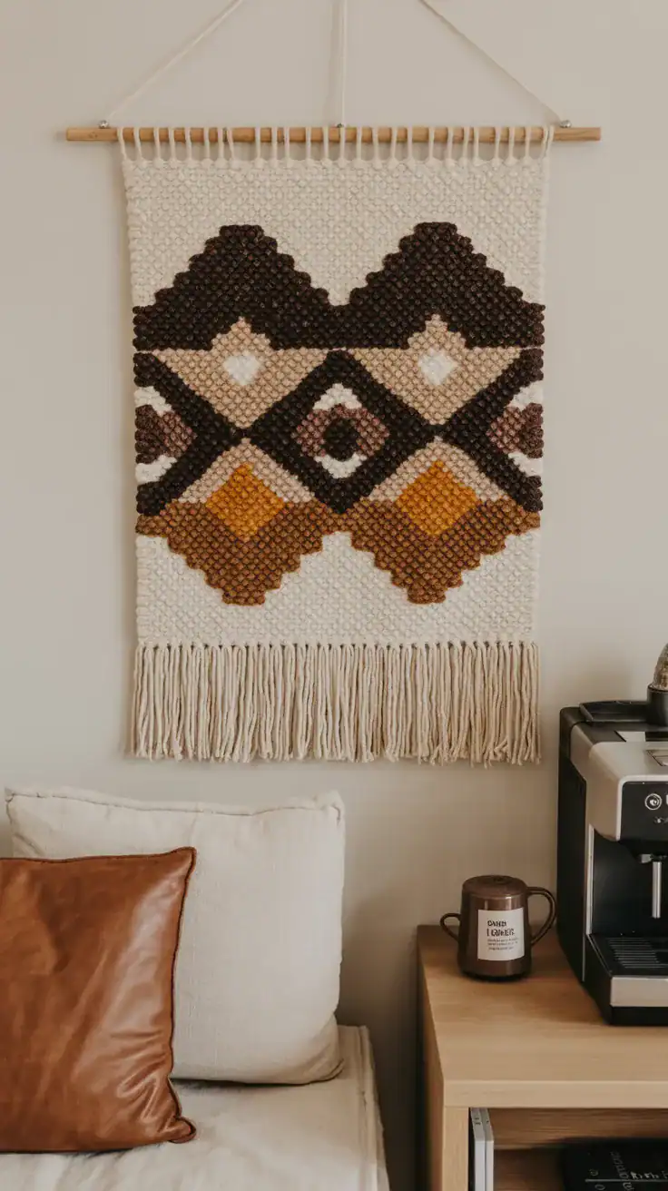 Textured wall hanging in mocha, caramel, and cream tones styled above a cozy coffee corner.