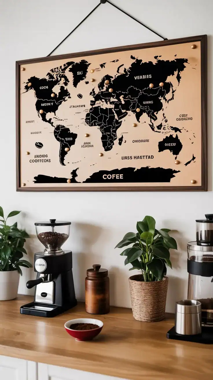 World map coffee wall art highlighting coffee growing regions with brass pins above a grinder shelf.