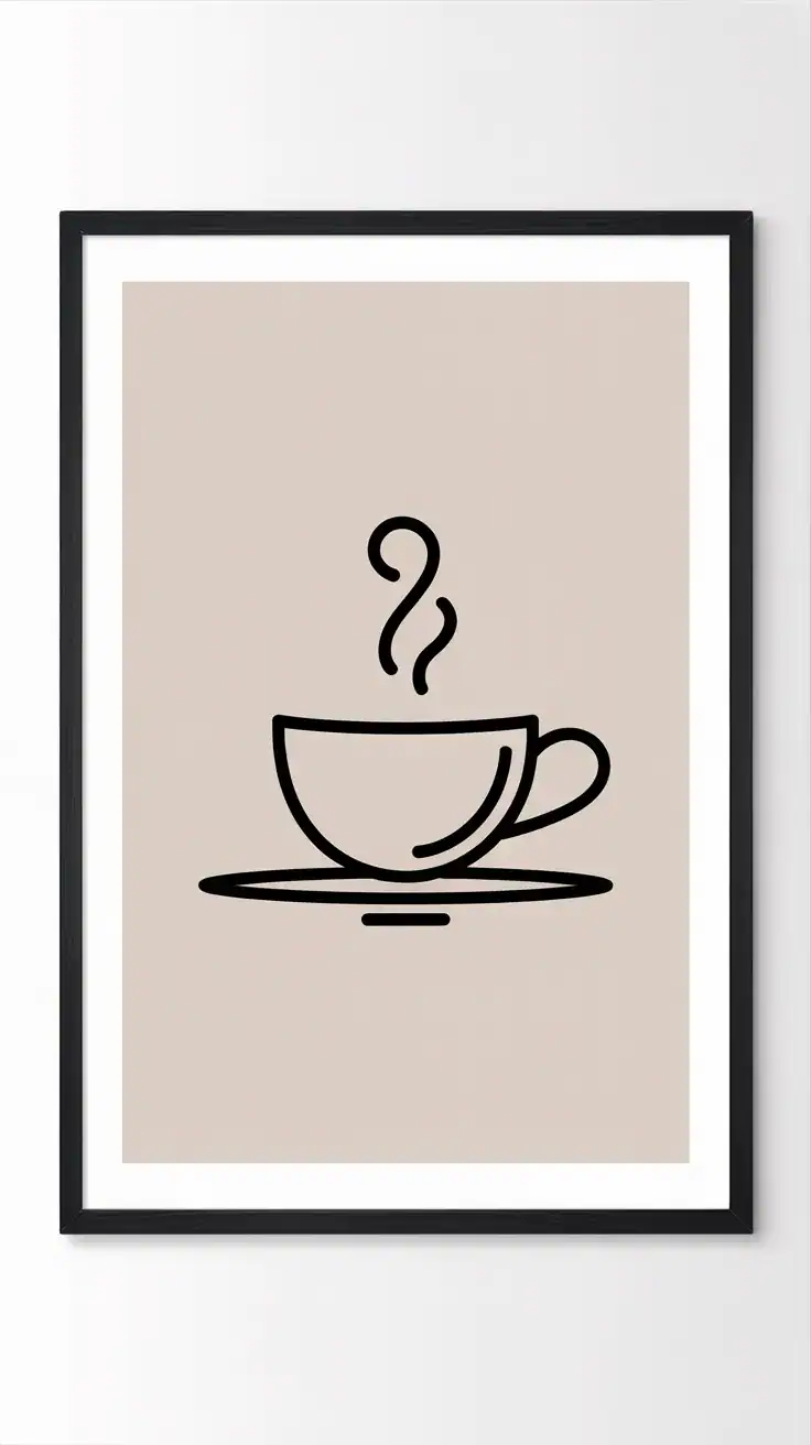 Minimalist coffee line art print featuring a simple cup and steam design in a clean black frame.