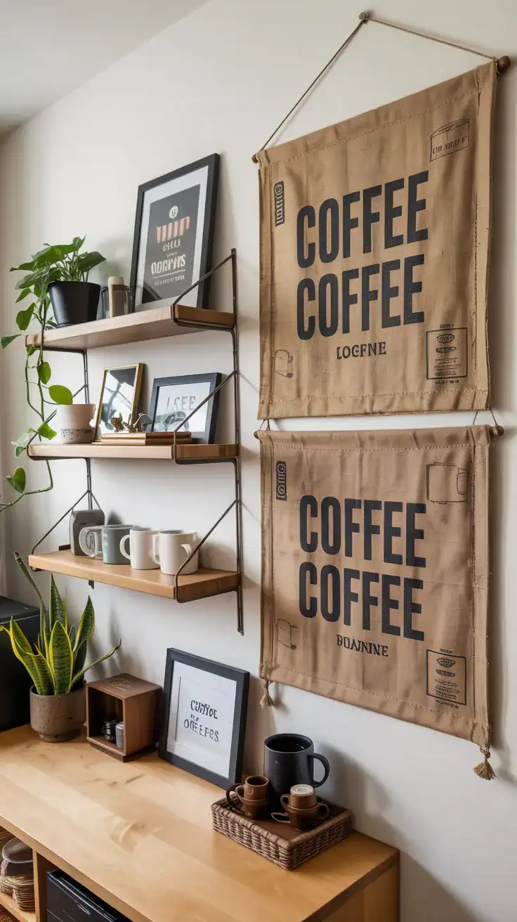 Coffee station wall featuring floating wood shelves with mugs and plants, framed coffee prints, and decorative coffee sack wall hangings above a warm wood coffee bar in a cozy modern kitchen.