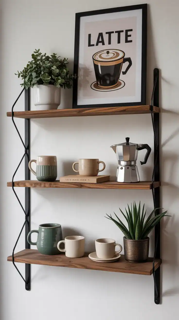 Statement coffee shelf styled with ceramic mugs, vintage moka pot, framed latte art print, and a small plant.