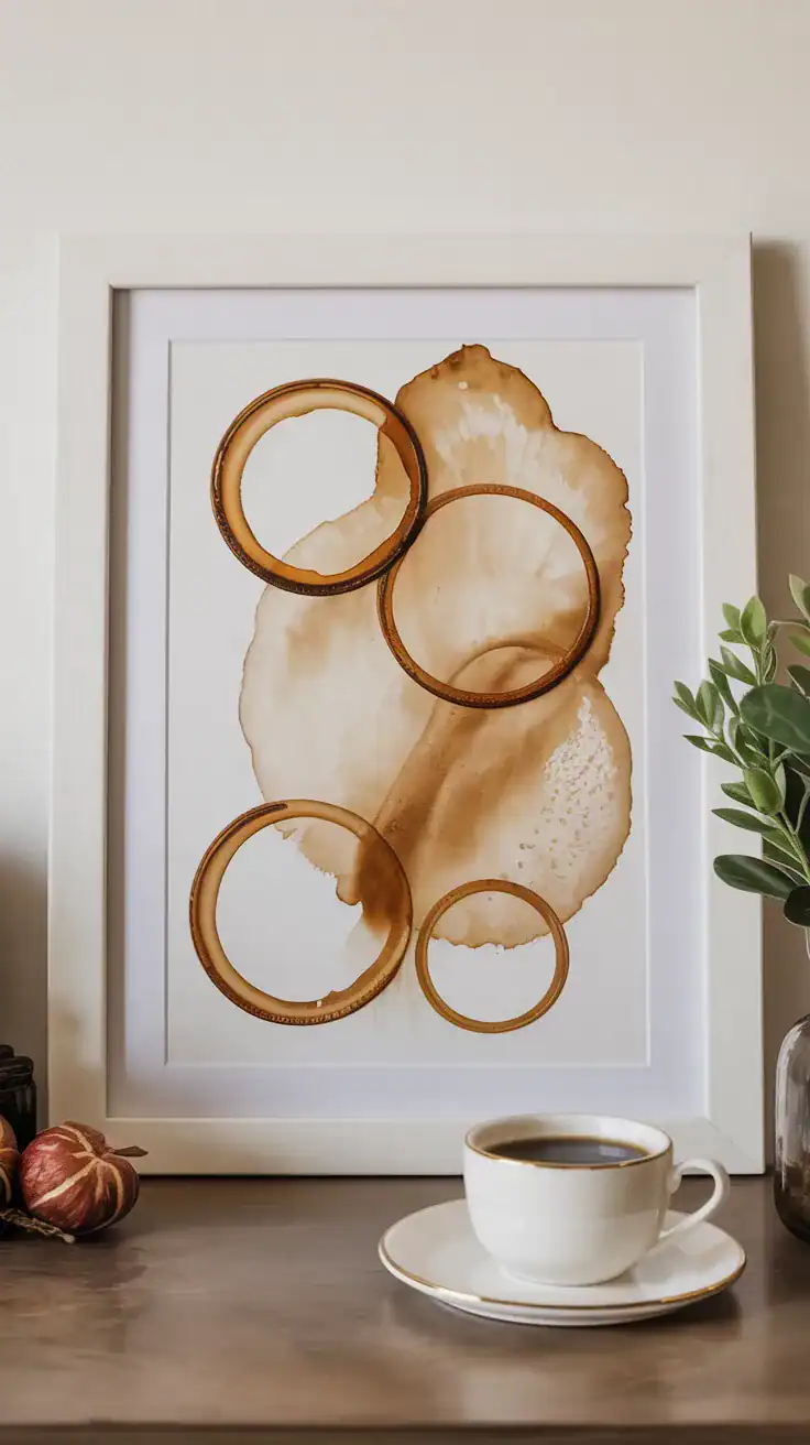 DIY coffee stain artwork with sepia toned cup rings and abstract coffee washes displayed in a white frame.