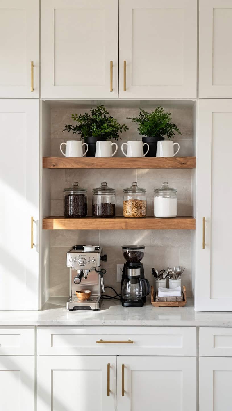 White shaker wall cabinets framing floating wood shelves above a built in coffee station with mugs and glass jars.