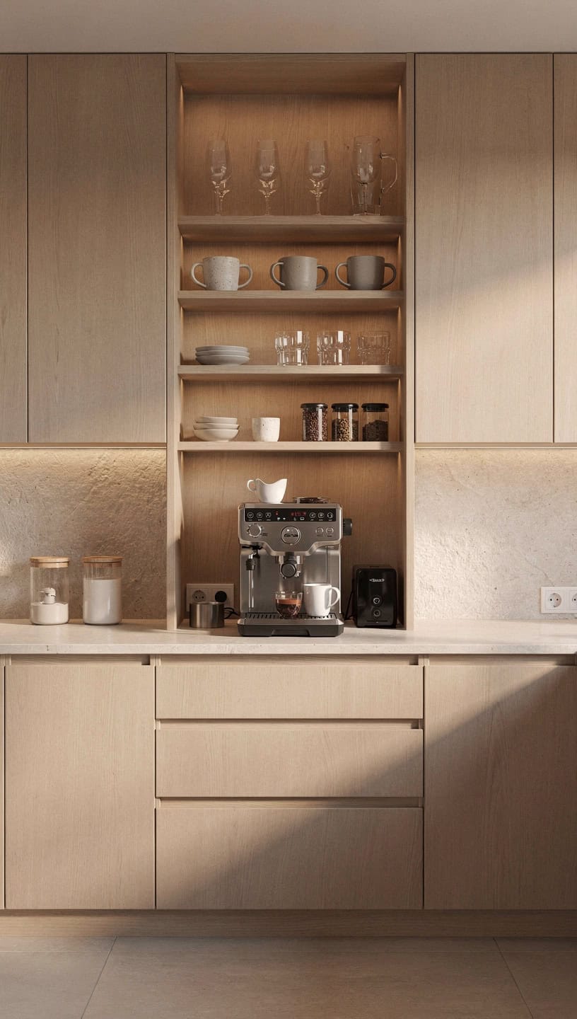  Floor to ceiling coffee bar cabinetry with integrated storage, coffee machine niche, and soft warm lighting.