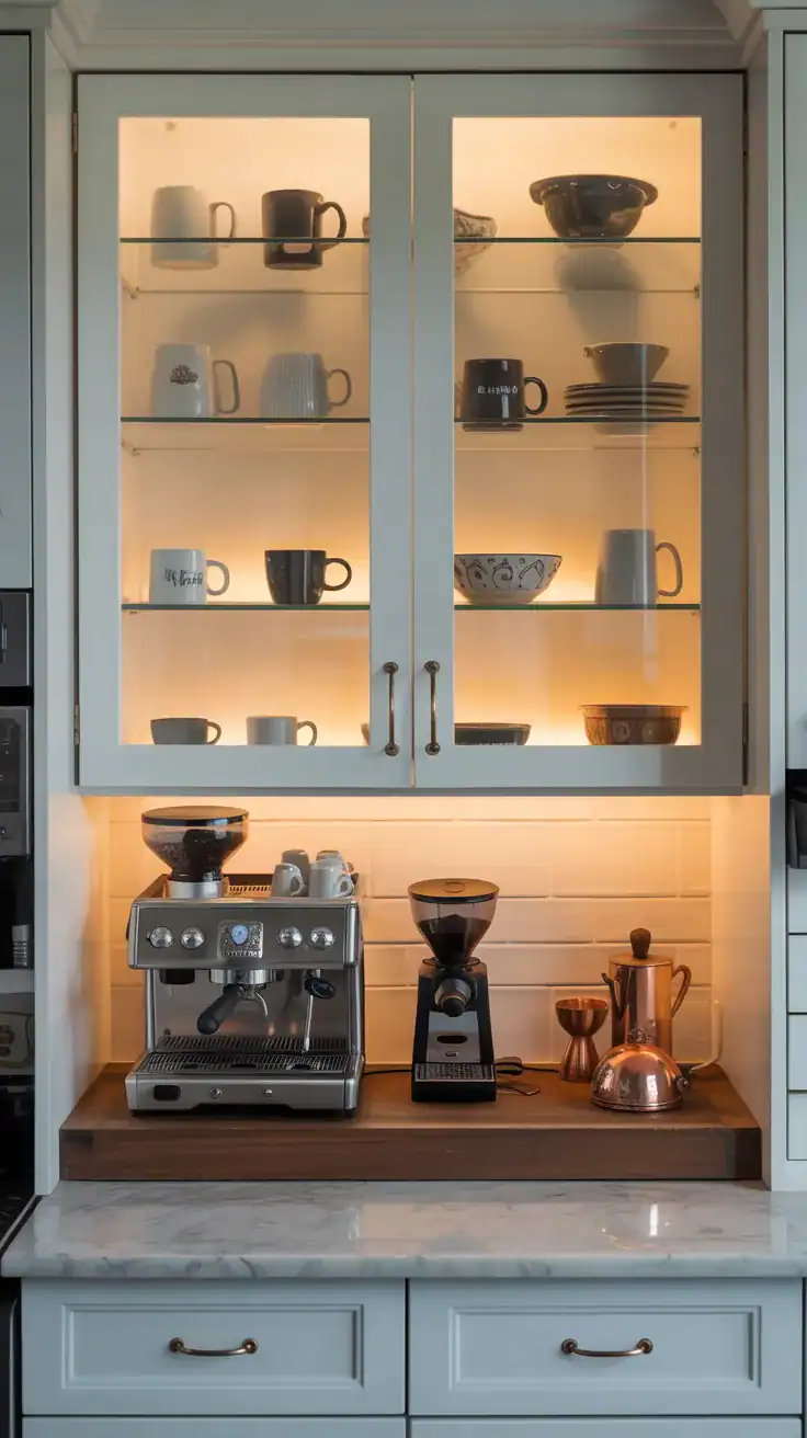  Glass front wall cabinets displaying coffee mugs, cups, and decorative accessories above a home coffee station.