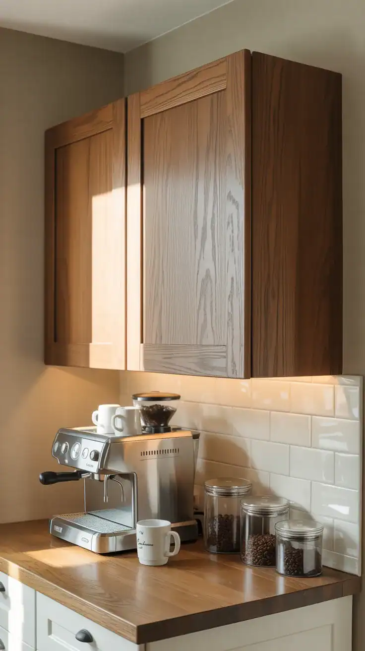 Modern oak floating wall cabinets above a minimalist coffee station with warm wood finishes and neutral decor.