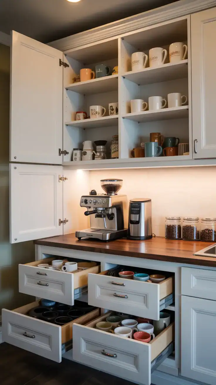 Custom coffee nook surrounded by wall cabinets with dedicated storage for mugs, coffee supplies, and appliances.