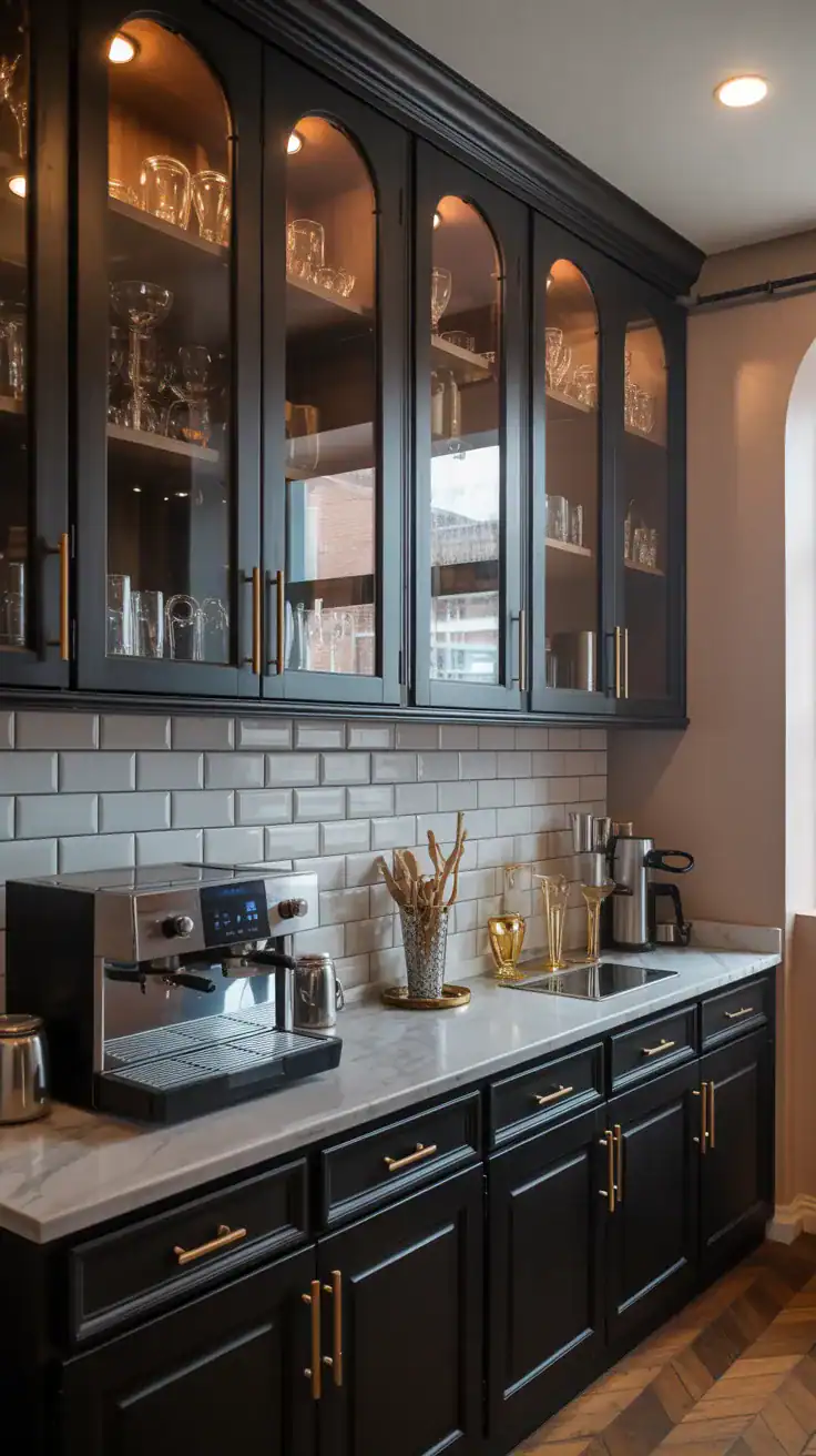 Black coffee bar wall cabinets with brass handles and marble countertop creating a luxury cafe inspired look.