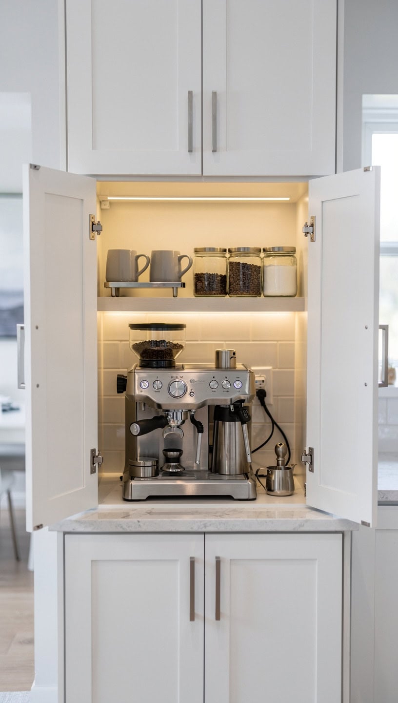 Coffee station with appliance garage hidden behind cabinet doors to conceal coffee machine and accessories.