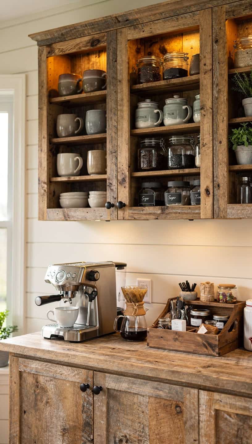 Rustic wood wall cabinets with open cubbies for mugs and coffee accessories in a cosy farmhouse coffee bar.