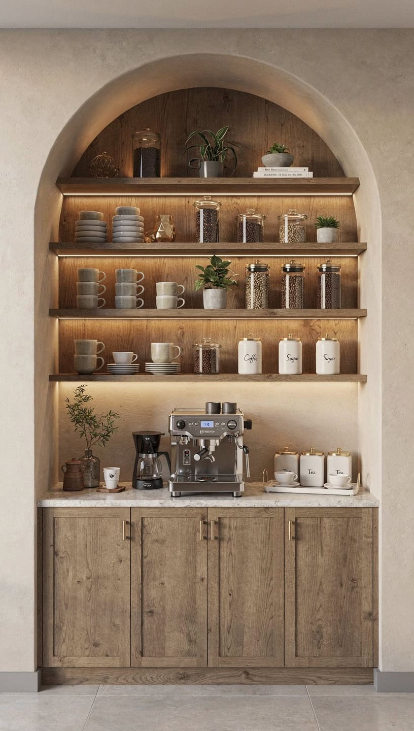 Elegant arched coffee bar cabinet wall featuring built in shelving, warm lighting, and decorative coffee displays.