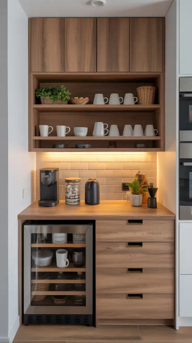Narrow pantry style wall cabinets surrounding a compact coffee station with organised storage and clean design.