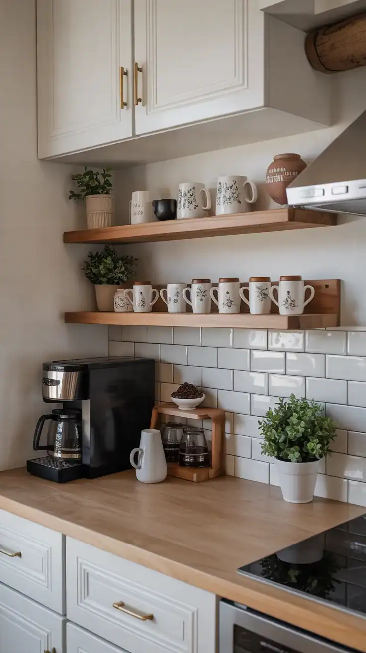 Coffee bar combining upper cabinets and floating shelves with decorative mugs and organised coffee storage.