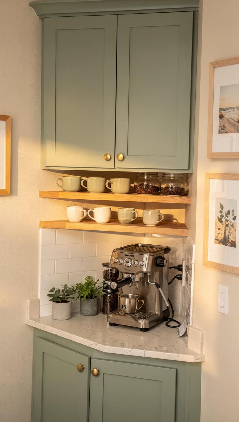 Sage green coffee bar wall cabinets paired with brass hardware and natural wood shelves in a cosy kitchen corner.