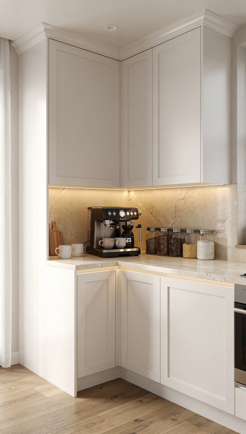Corner coffee station with custom wall cabinets maximising storage and creating a seamless built in appearance.