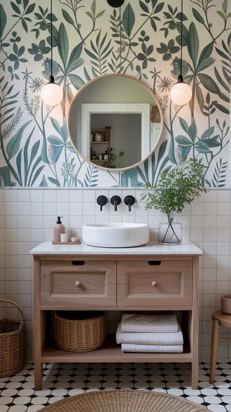Soft botanical Scandinavian bathroom wallpaper with pale wood vanity, white tiles, and simple ceramic accessories.