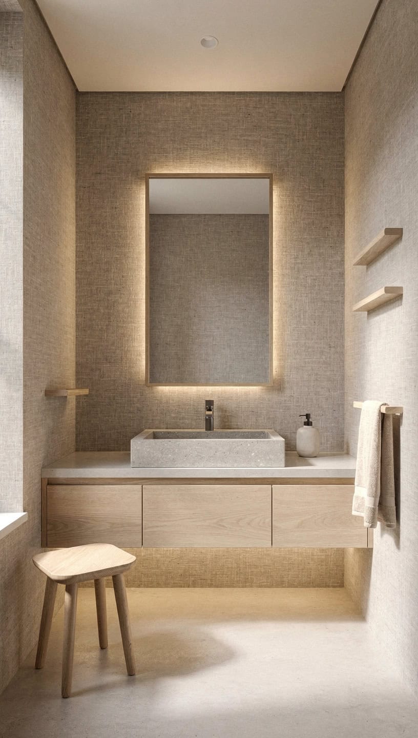  Minimal Scandinavian bathroom with warm linen texture wallpaper, stone sink, pale oak accents, and soft lighting.
