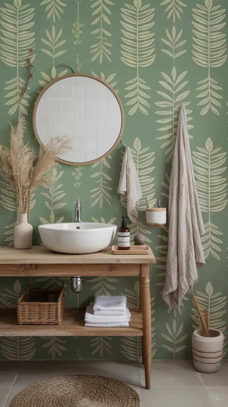 Sage green Scandinavian bathroom wallpaper with white basin, pale wood shelf, and simple neutral styling.