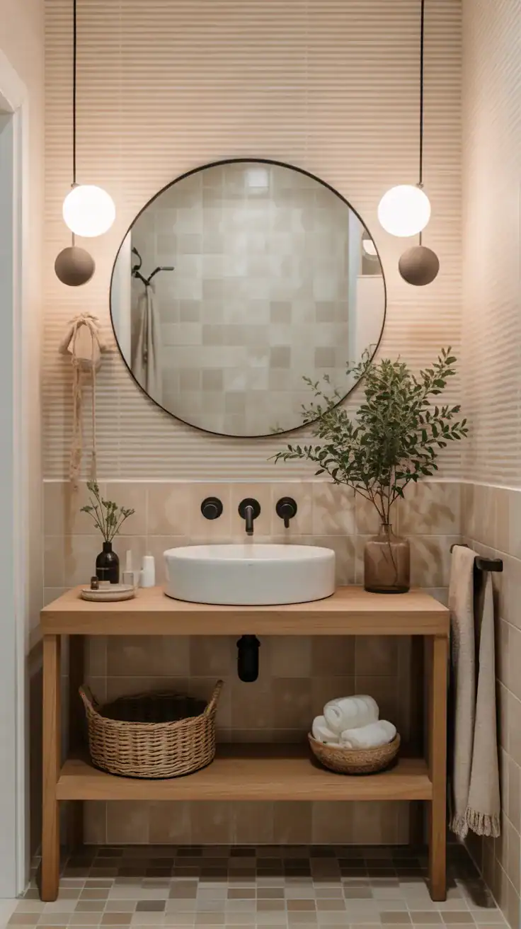 Scandinavian bathroom with subtle striped wallpaper, wall mounted sink, round mirror, and pale neutral decor.