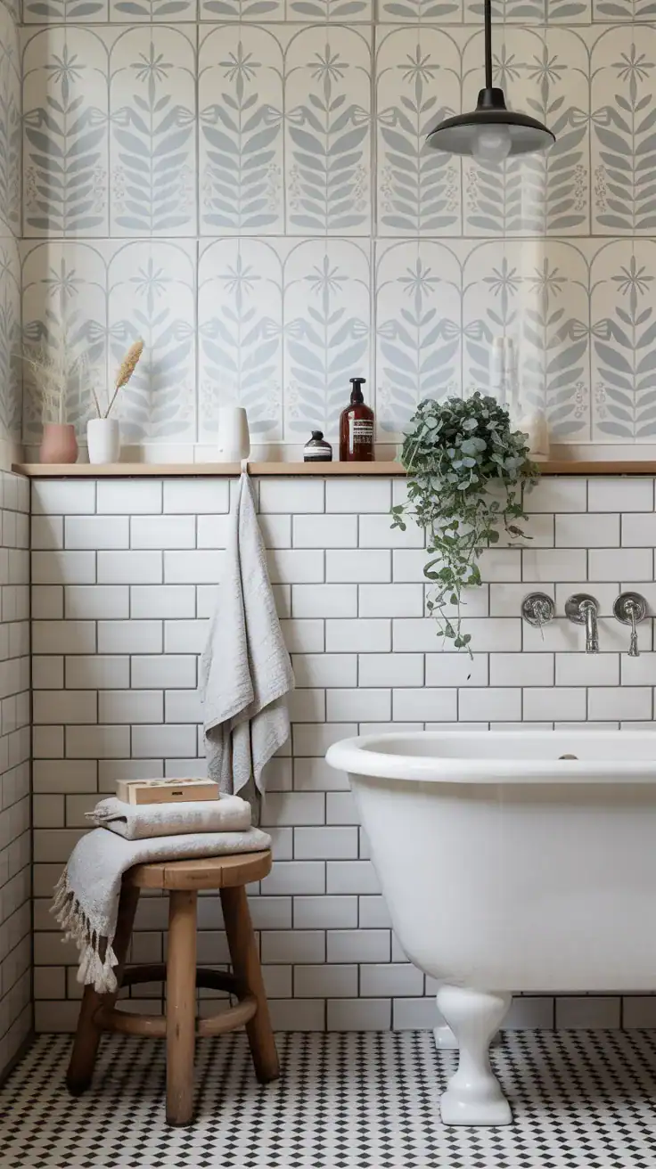 Pale blue Scandinavian bathroom wallpaper with white tiles, natural wood stool, and soft towel styling.