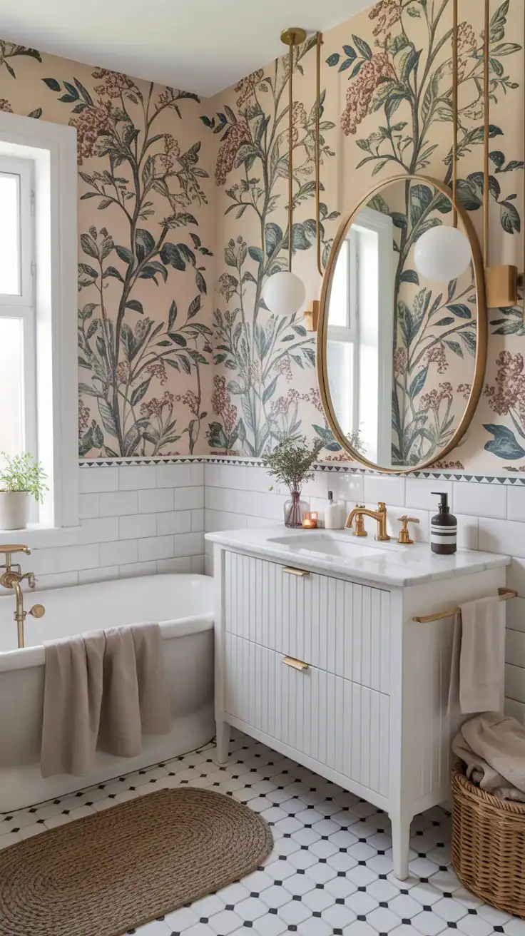  Scandinavian bathroom with delicate floral wallpaper, white vanity, brass mirror, and soft neutral towels.